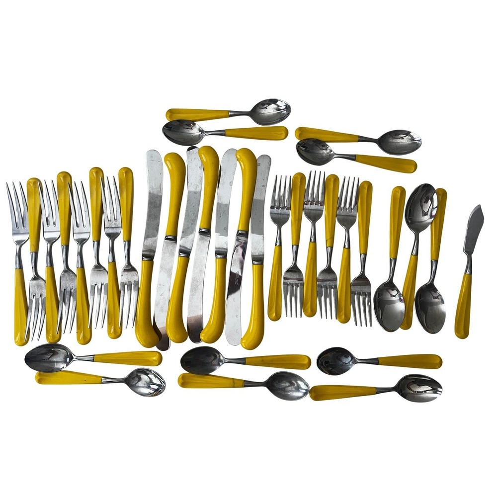 Vintage/Retro Oxford Hall Yellow Handle Stainless Flatware Set 35 Pc Dining